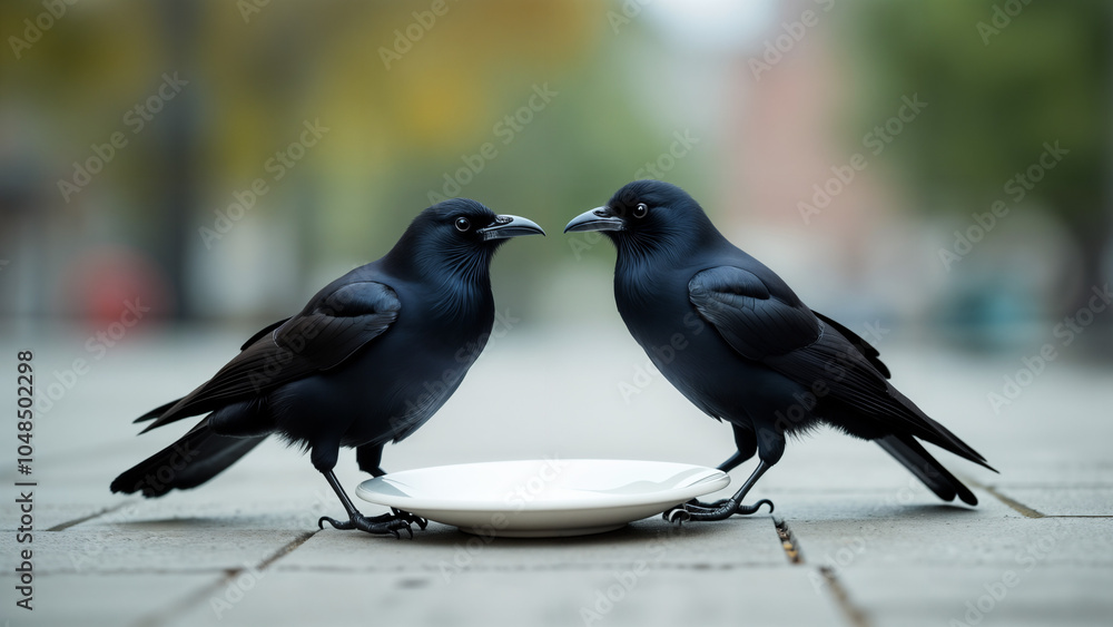 Fototapeta premium Two Crows Standing Close on the Sidewalk Beside a Gleaming White Plate in an Urban Setting