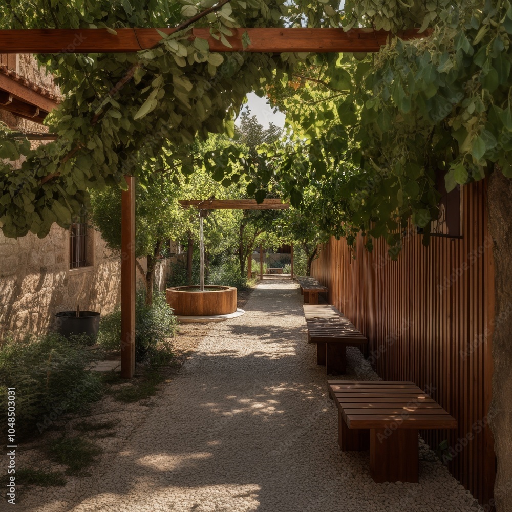 Stone pathway lined with wooden benches and a well under a wooden pergola covered in green leaves. Stone pathway lined with wooden benches and a well under a wooden pergola covered in green leaves.