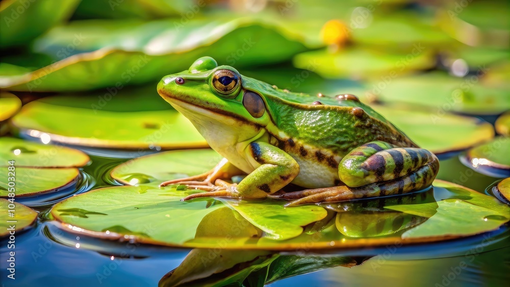 Green frog on lily pad.