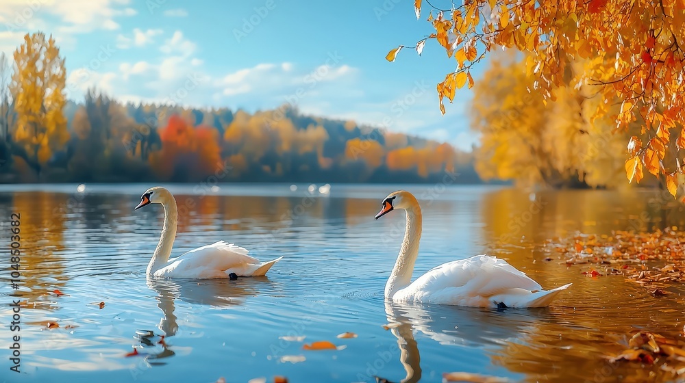 Fototapeta premium Two swans are swimming in a lake with autumn leaves floating on the surface