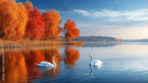 Two swans are swimming in a lake with autumn trees in the background