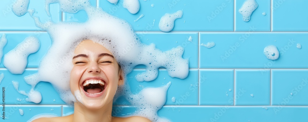 custom made wallpaper toronto digitalHappy woman taking a bubble bath, carefree joy with blue tiles and foam.