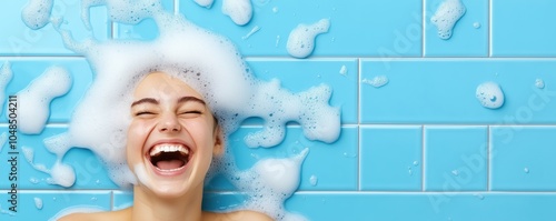 Wallpaper Mural Happy woman taking a bubble bath, carefree joy with blue tiles and foam. Torontodigital.ca