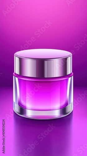 Luxurious purple cream jar with a sleek silver lid, set against a vibrant pink background.