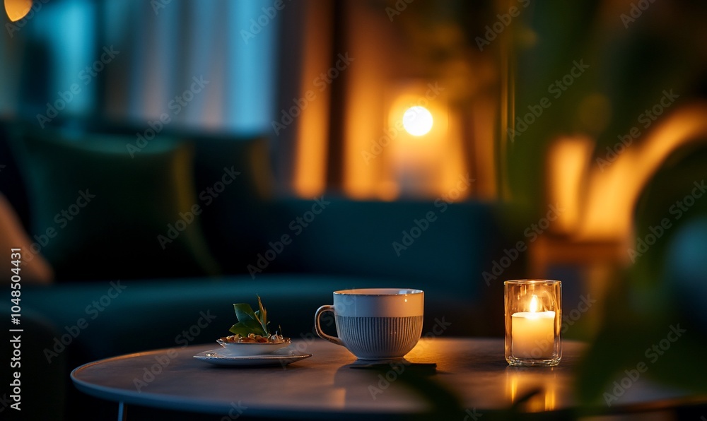 A cup of coffee with a small dessert and a lit candle on a white coffee table in a dimly lit room. A cup of coffee with a small dessert and a lit candle on a white coffee table in a dimly lit room.