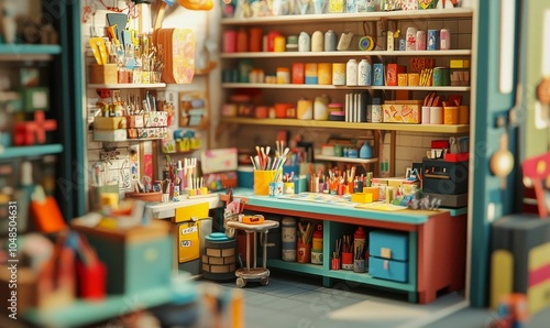 Colorful miniature art studio with shelves and tools.