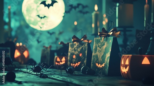 Spooky Halloween Night: Carved Pumpkins and Bats Under the Moonlight photo