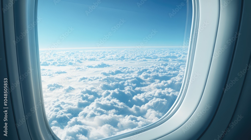 A peaceful view of a vast, endless sea of clouds through an airplane window, with bright blue skies stretching above A peaceful view of a vast, endless sea of clouds through an airplane window, with bright blue skies stretching above