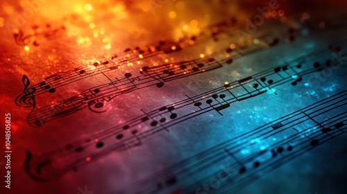 Wallpaper Mural A close-up of sheet music with a vibrant red and blue background with sparkles and bokeh. Torontodigital.ca