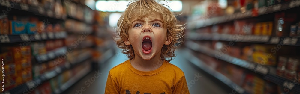 Angry child screaming in grocery store tantrum situation Angry child screaming in grocery store tantrum situation