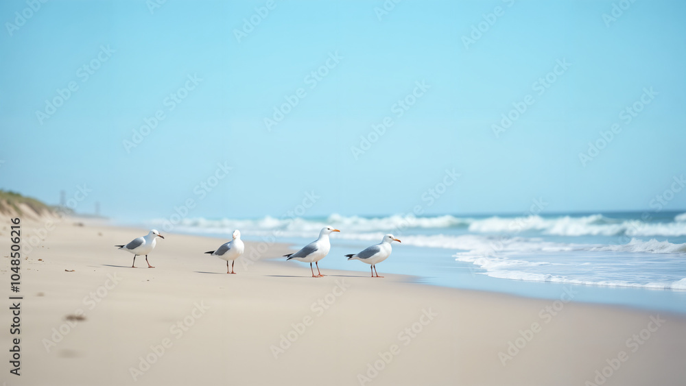 Serene Coastal Life as Seagulls Gracefully Graze on a Sandy Beach Under a Bright Sky Serene Coastal Life as Seagulls Gracefully Graze on a Sandy Beach Under a Bright Sky