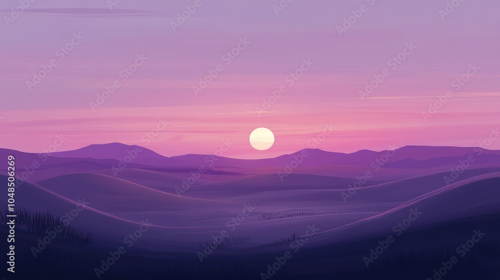 A peaceful view of the horizon in the desert at dusk, with soft purple and pink hues in the sky as the sun sets behind the dunes A peaceful view of the horizon in the desert at dusk, with soft purple and pink hues in the sky as the sun sets behind the dunes