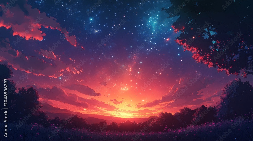 Fototapeta premium Starry Sunset Over Tranquil Landscape