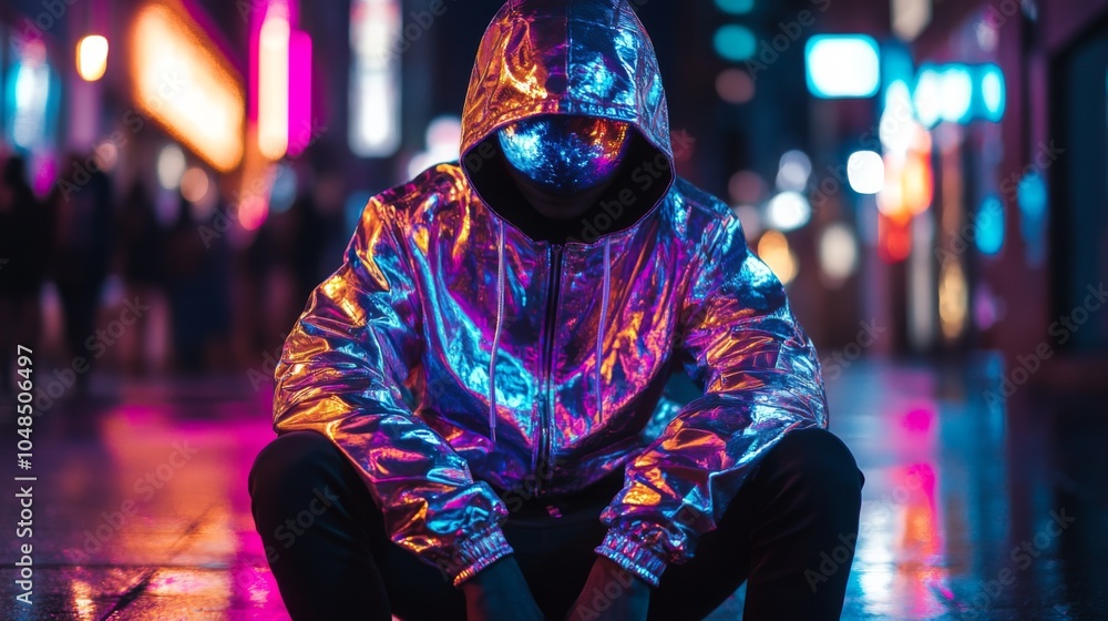 Obraz premium Mysterious Figure in Neon Cityscape