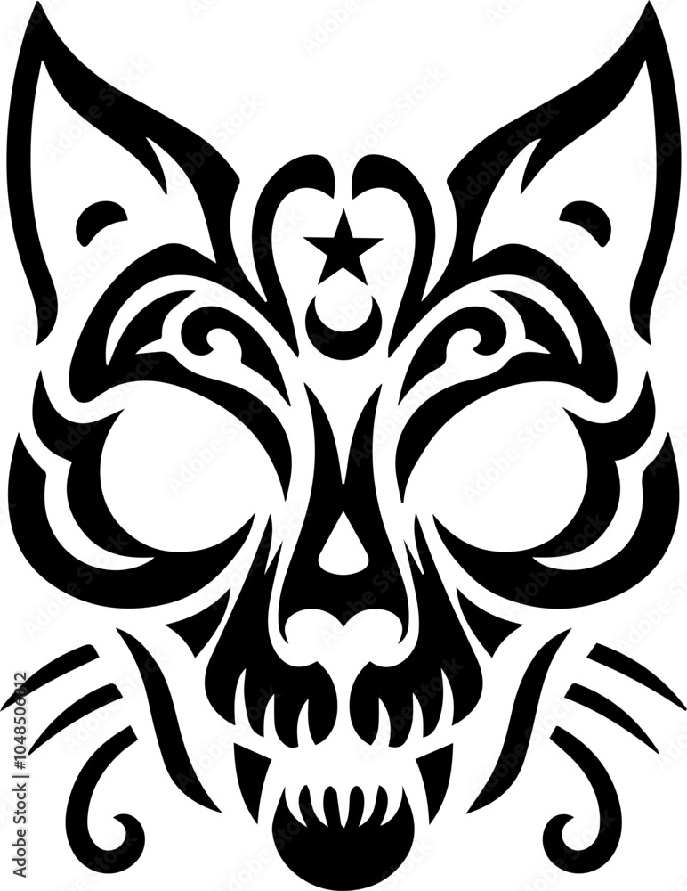 Mystical cat, feline, mask style, with star and moon on the forehead, tribal style Mystical cat, feline, mask style, with star and moon on the forehead, tribal style