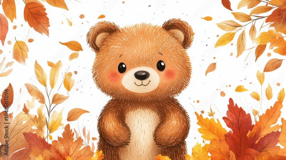 Cute Bear in Autumn Leaves Cute Bear in Autumn Leaves