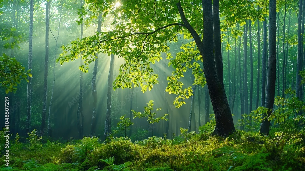 Obraz premium A tree in a forest with sunlight shining on it