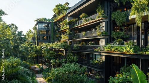 A modern apartment complex with multiple buildings, lush greenery, and outdoor amenities, conveying a sense of community and residential living.