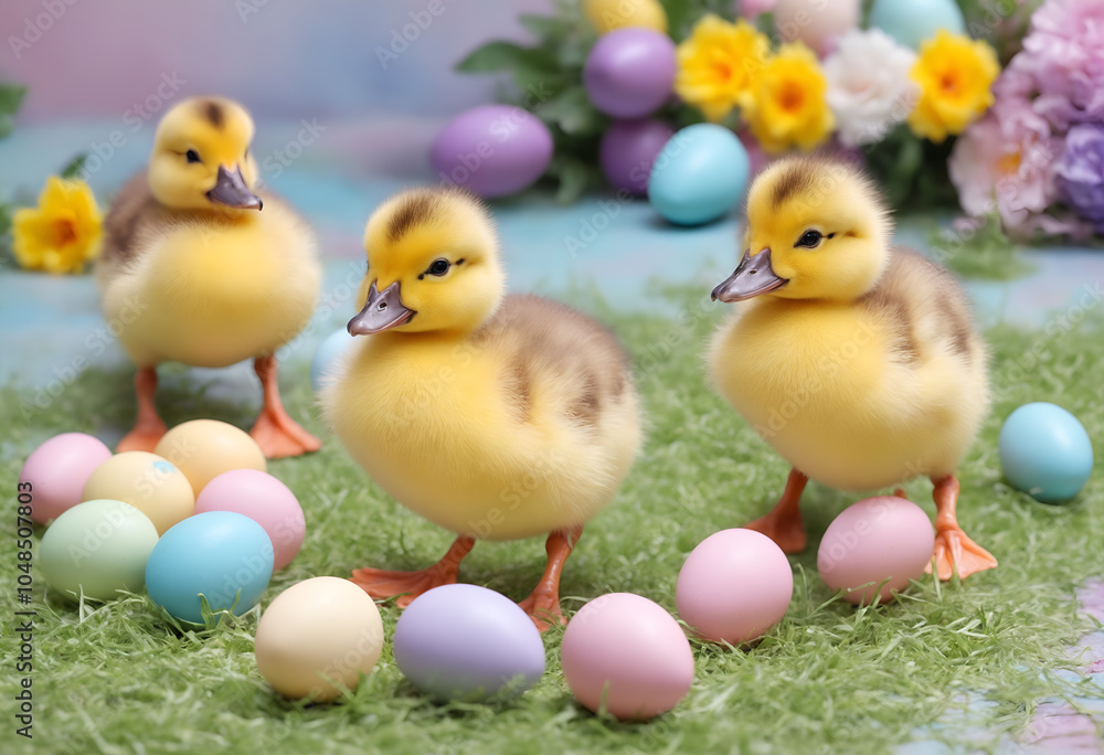 Easter colored eggs and ducklings Easter colored eggs and ducklings