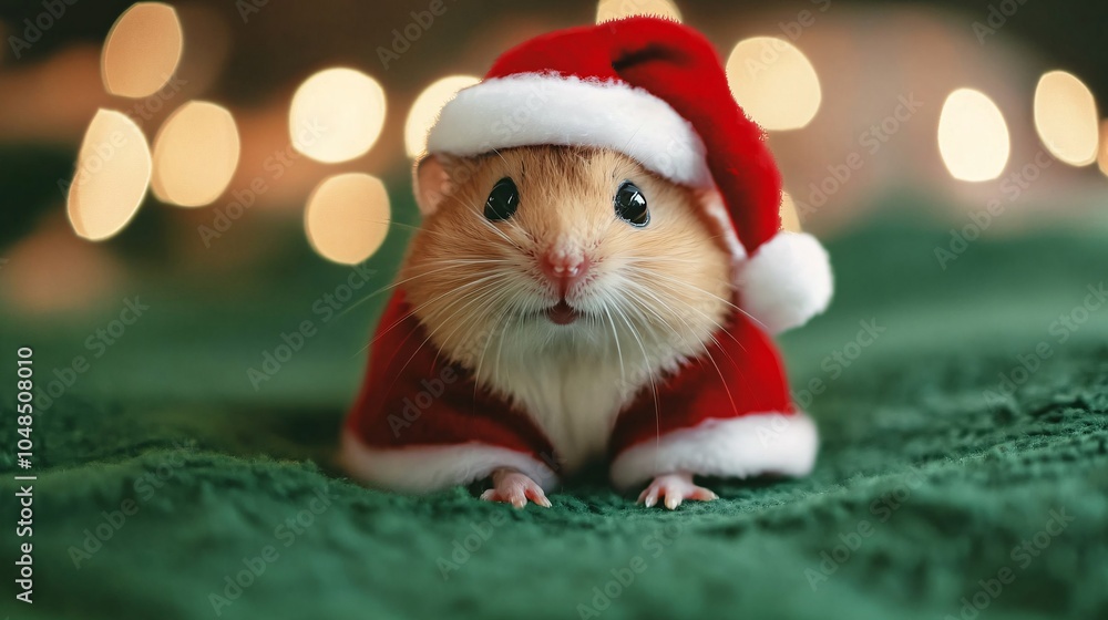 Hamster in Santa Claus Suit on Festive Background Hamster in Santa Claus Suit on Festive Background