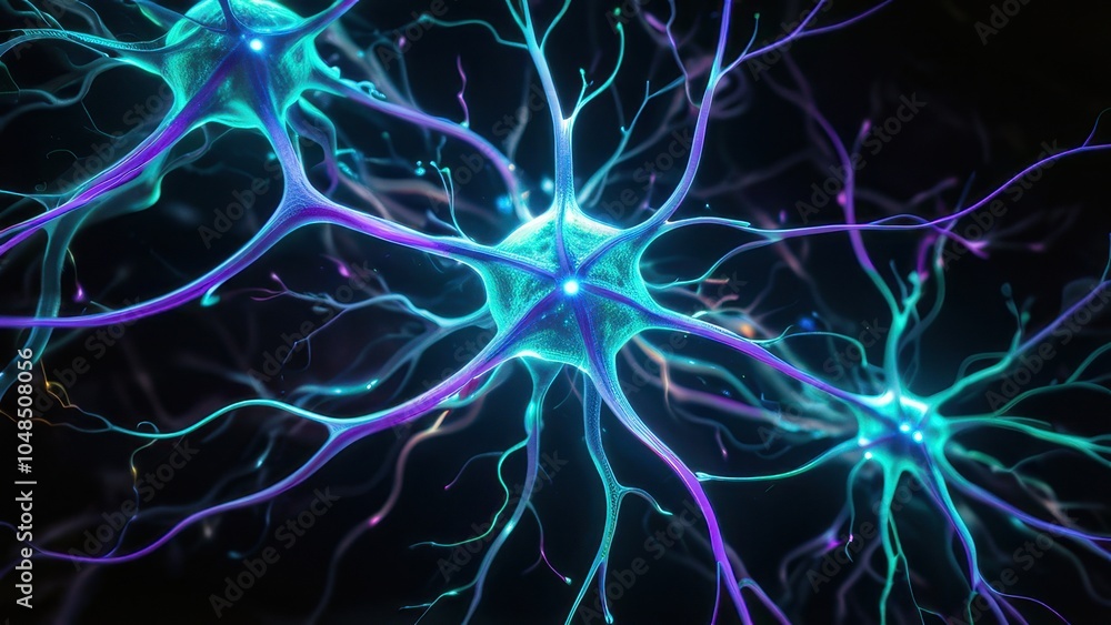 A vibrant and dynamic close-up of a neuron highlighting its intricate pathways in shades of blue and purple against a black background, perfect for scientific or abstract themes A vibrant and dynamic close-up of a neuron highlighting its intricate pathways in shades of blue and purple against a black background, perfect for scientific or abstract themes