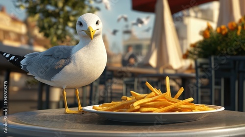 A seagull steals fries from a plate in the outdoor area of a restaurant. photo