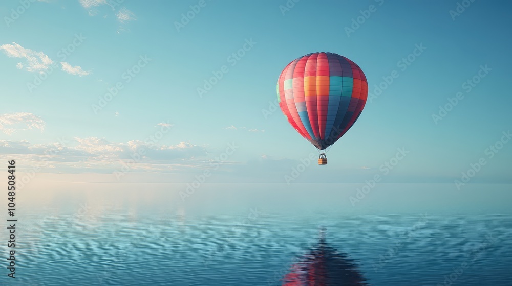 Fototapeta premium A serene blue sky with a brightly colored hot air balloon drifting above a lake, its reflection shimmering on the calm water below