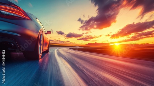 A sleek car driving on an open road during a stunning sunset, showcasing speed and freedom in a vibrant landscape. photo