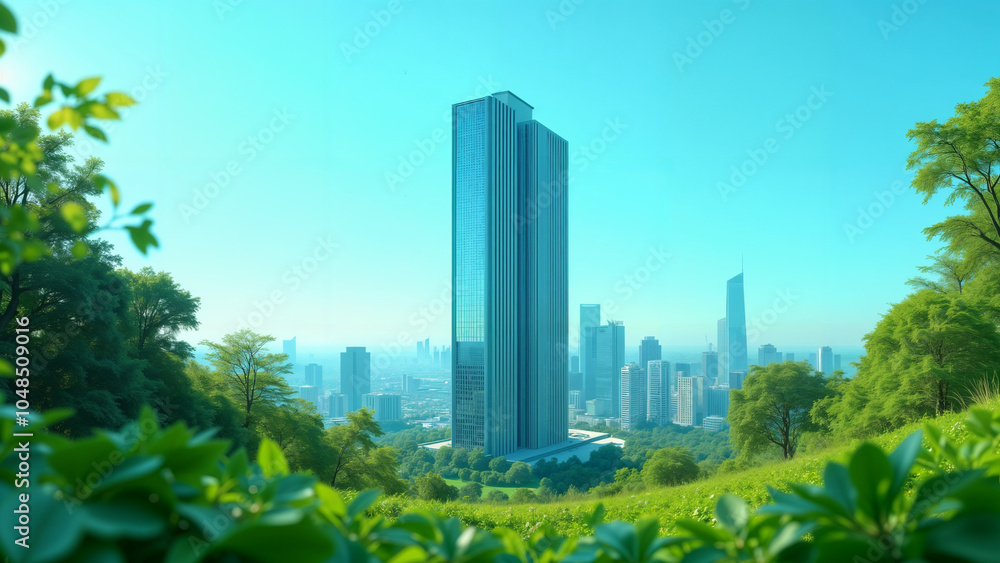 Fototapeta premium A Striking Tall Building Adding Modern Edge to the Urban Landscape Surrounded by Lush Greenery and a Clear Blue Sky