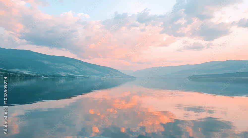 A serene sky over a mountain lake, with soft pink clouds reflecting on the mirror-like surface of the water at sunset A serene sky over a mountain lake, with soft pink clouds reflecting on the mirror-like surface of the water at sunset