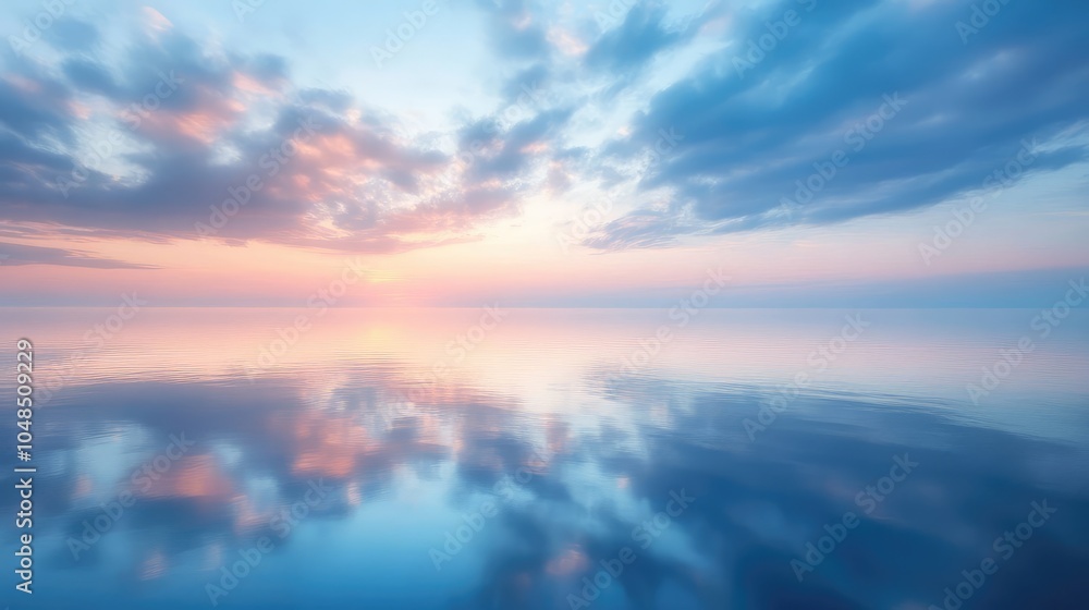 Obraz premium A serene sky over calm water at dawn, with soft pink and blue hues reflecting on the glass-like surface of the lake