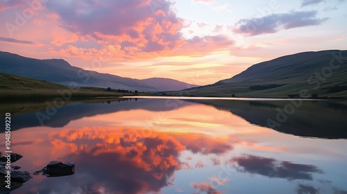 Wallpaper Mural A serene sky over a mountain lake, with soft pink clouds reflecting on the mirror-like surface of the water at sunset Torontodigital.ca