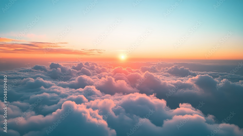 A serene view of the clouds from an airplane window, with the soft orange and pink hues of a setting sun spreading across the horizon A serene view of the clouds from an airplane window, with the soft orange and pink hues of a setting sun spreading across the horizon