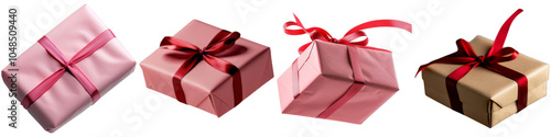 Four beautifully wrapped gift boxes display an assortment of colors, sizes, and elegant ribbons, perfect for various celebrations and gifting occasions all year round isolated PNG photo