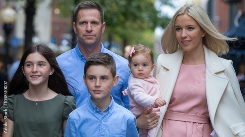 Family of five smiling in urban outdoor setting