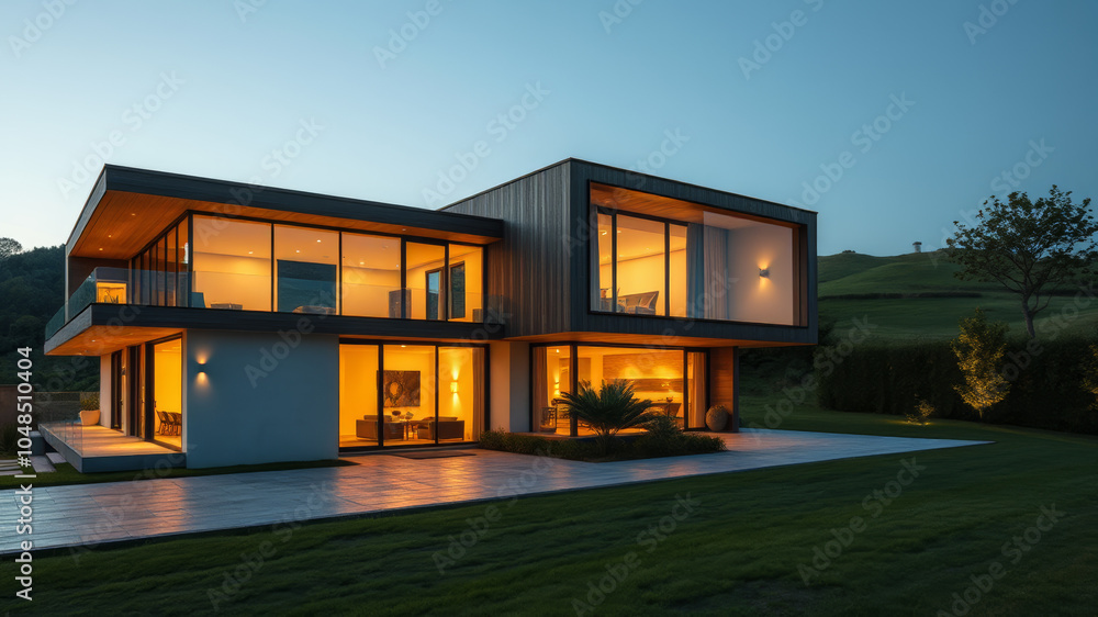 Modernes Haus bei Dämmerung mit Beleuchtung
Modernes Haus bei Dämmerung mit Beleuchtung