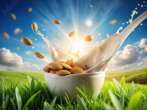 Almond Milk Splash & Seeds - Sunny Blue Sky Background photo