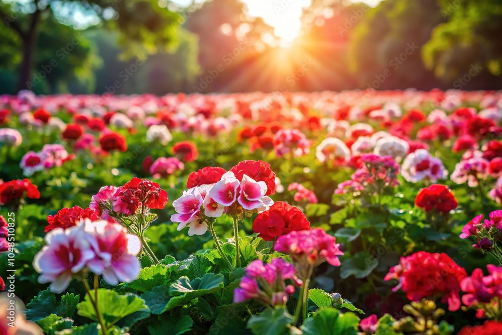 An aerial perspective reveals a stunning vista of blooming geranium fields. An aerial perspective reveals a stunning vista of blooming geranium fields.