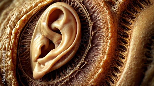 Antique print, revealing the intricate anatomy of the human ear. photo