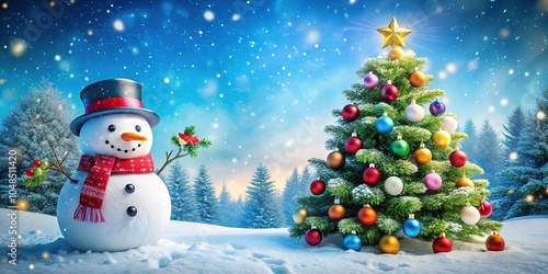 A whimsical winter scene with a snowy snowman and glowing tree.