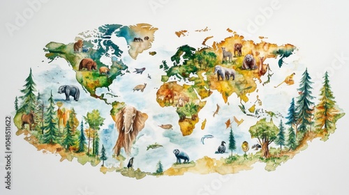 World Map with Illustrated Animals photo