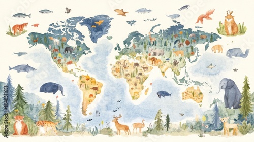 Fototapeta Naklejka Na Ścianę i Meble -  Watercolor World Map With Animals