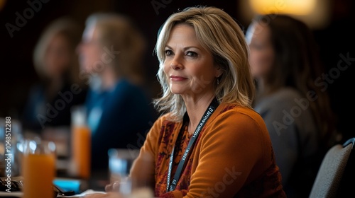 A middle-aged woman in an orange sweater attends a conference, listening intently to a presentation.