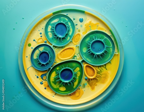 Vibrant petri dish with colorful abstract patterns resembling cellular structures. Ideal for themes of biology, microbiology, and creativity