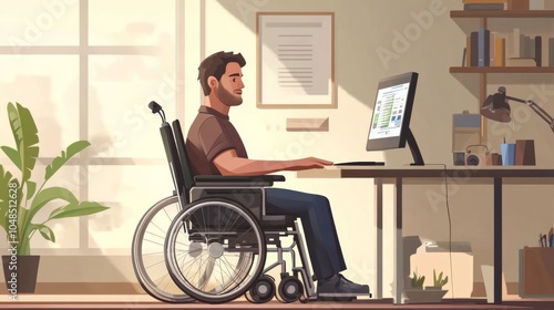 Man in Wheelchair Using Computer at Home Office