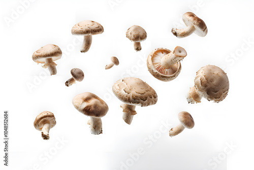 Flying champignon mushrooms, isolated on white background photo