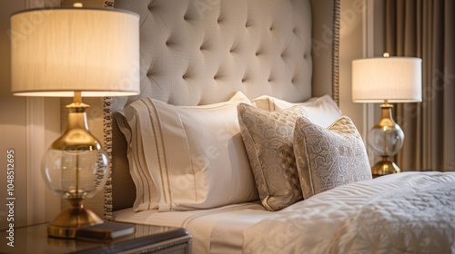 Warm ambient lighting from delicate goldaccented lamps enhances the plush atmosphere of this bedroom oasis. photo