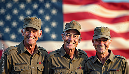 Three smiling older male veterans in brown military uniforms stand in front of an American flag.