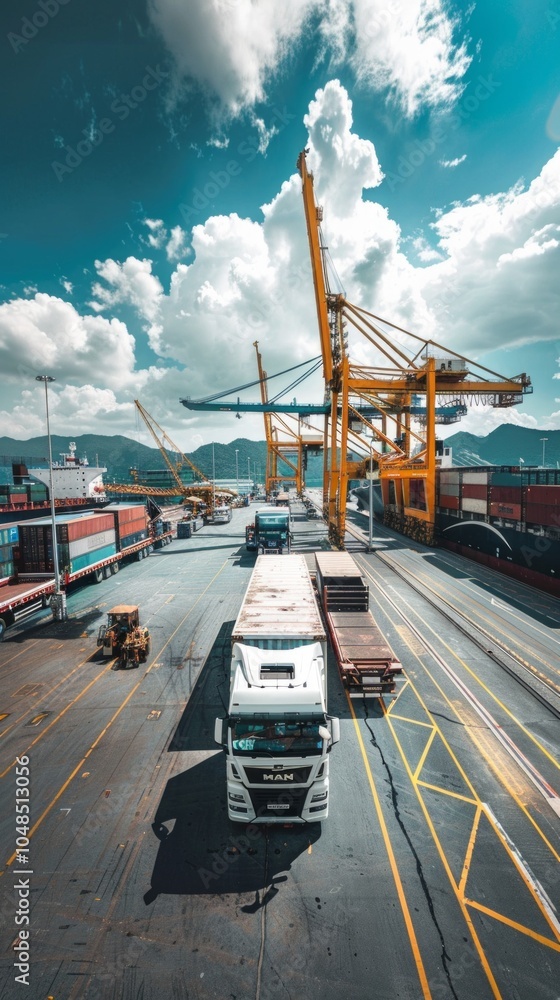 A bustling container yard with yellow cranes moving shipping containers ...