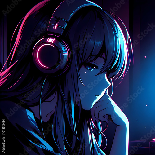 Reflective Girl with Headphones in Neon Anime Style photo